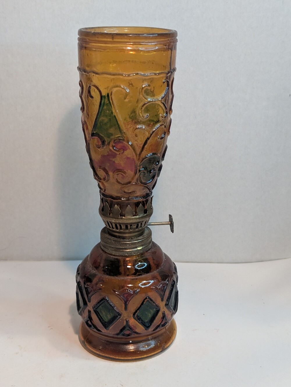 Miniature Vintage Oil Lamp with Stained Glass Look Shade.